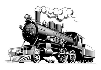 Obraz premium Vintage steam train locomotive, engraving style vector illustration.