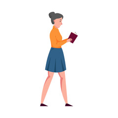 Young girl standing and reading a book with the purple cover. Vector illustration in a flat cartoon style.