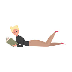 Young girl lying and reading a book. Vector illustration in a flat cartoon style.