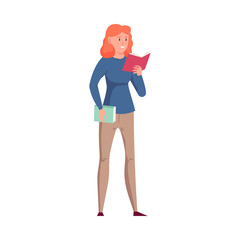 Young girl standing and reading a book with the red cover. Vector illustration in a flat cartoon style.