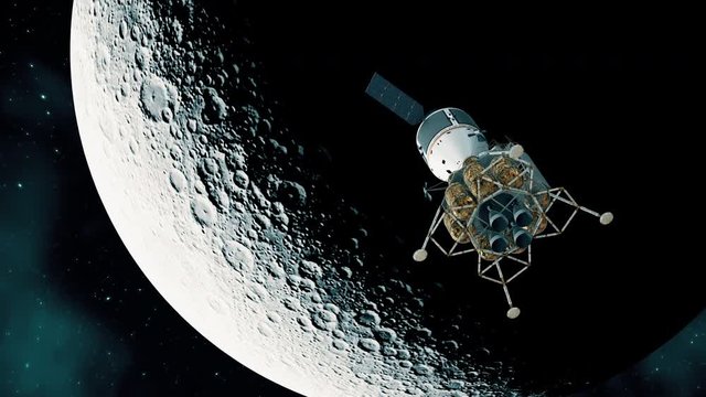 Interplanetary Space Station On The Background Of The Moon. 4K. 3D Animation. 3840x2160.