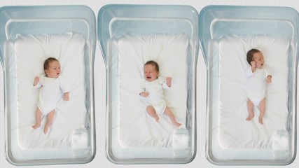 Many newborn children crying and moving in a hospital beds, annoying noise