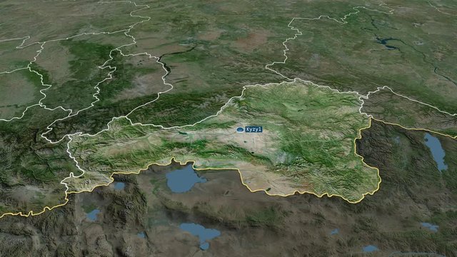 Tuva - republic of Russia (territory after annexation of Crimea in 2014) with its capital zoomed on the satellite map of the globe. Animation 3D