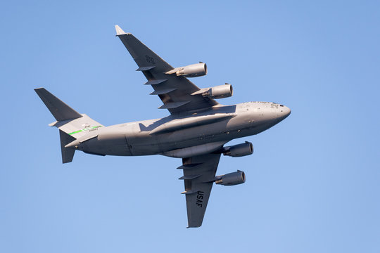 Oct 12, 2019 San Francisco / CA / USA - Close up of Boeing C-17 Globemaster III aircraft taking part at the 39th Fleet Week event