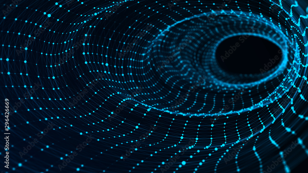 Leinwandbilder Abstract digital wormhole. Sci-fi tunnel or portal. Futuristic space travel concept. Wireframe 3d surface. 3d rendering.