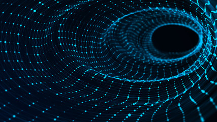 Abstract digital wormhole. Sci-fi tunnel or portal. Futuristic space travel concept. Wireframe 3d surface. 3d rendering.