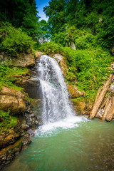 Park of waterfalls Mendeliha. Forest river and waterfall. Sochi. Rosa Khutor