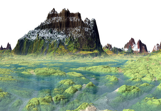 3D Rendered Fantasy Mountain Landscape on White Background  - 3D Illustration