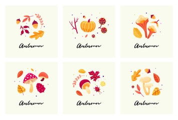 Autumn mood cards with autumn compositions of leaves, mushrooms, twigs, beetles and seeds. 