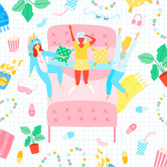 Cheerful girls in night wear at home pajama party. Party invitation pajama theme. 