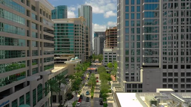 Drone flying between buildings City Fort Lauderdale aerial video 4k