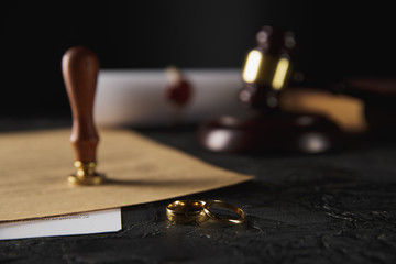 Hands of wife, husband signing decree of divorce, dissolution, canceling marriage, legal separation documents, filing divorce papers or premarital agreement prepared by lawyer. Wedding ring