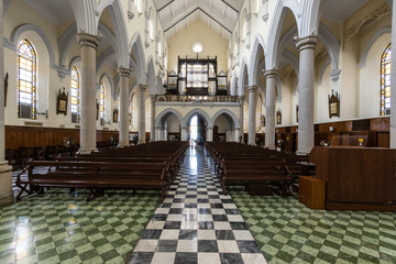 The main hall and the pipe organ of the Hong Kong Catholic Cathedral of the Immaculate Conception,...