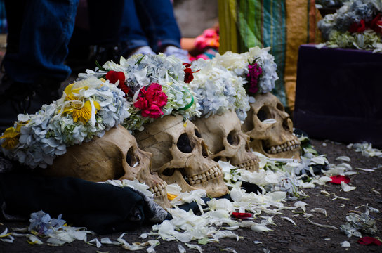 The photograph shows several human skulls in a Bolivian festival where death is venerated