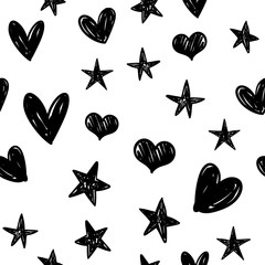 Stars and hearts doodles seamless pattern. Hand drawn texture background.