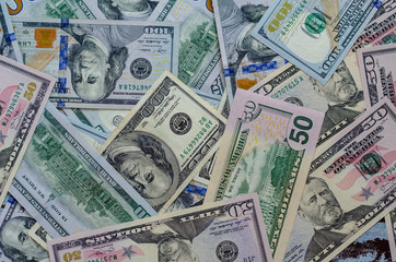 Closeup of assorted American banknotes