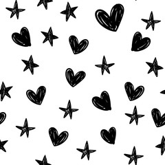 Stars and hearts doodles seamless pattern. Hand drawn texture background.