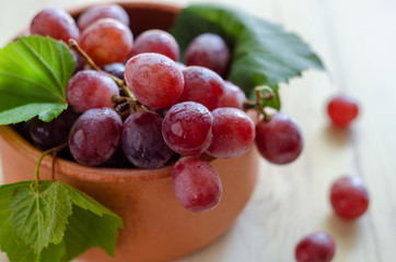 Beautiful red grapes are in the bowl.