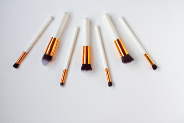 Flat lay top view of female cosmetics brushes set for makeup on white background. Cosmetics and beauty concept. Make up concept with space for text..