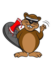 Biber böse cool axt blut winken sonnenbrille Holz Damm Wasser Wald Tier Nagetier overall Bach Fluss Fell mehrfarbig