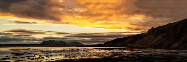 Mountains and ocean near Hvitserkur in Iceland at sunrise