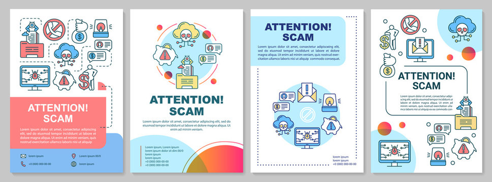 Attention scam brochure template. Fraud warning flyer, booklet, leaflet, cover design with linear illustrations. Stealing info. Internet crime. Vector page layouts for magazines, advertising posters