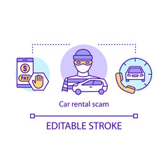 Car rental scam concept icon. Auto theft idea thin line illustration. Fake rental company. Illegal actions, money stealing. Breaking the law. Vector isolated outline drawing. Editable stroke