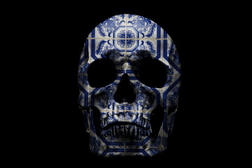 Human skull with ornate pattern on black background. Traditional Portuguese, glazed ceramic tiles.