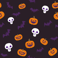Halloween seamless pattern. Skulls, pumpkins and bats. Cute illustrations. Background texture.
