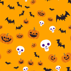 Halloween seamless pattern. Skulls, pumpkins and bats. Cute illustrations. Background texture.