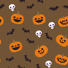 Halloween seamless pattern. Skulls, pumpkins and bats. Cute illustrations. Background texture.