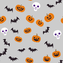 Halloween seamless pattern. Skulls, pumpkins and bats. Cute illustrations. Background texture.