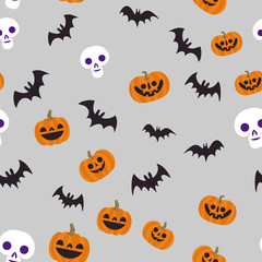 Halloween seamless pattern. Skulls, pumpkins and bats. Cute illustrations. Background texture.