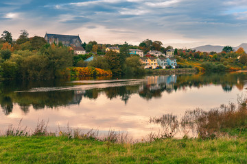 Fototapeta premium Spectacular view landscape mountain hill foggy day sunrise Killorglin Kerry Ireland red green forest