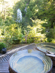 Natural and volcanic hot springs, in Conaripe, Panguipulli, in the middle of the Villarica National Park. Araucania or Patagonia, Chilean Andes