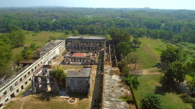 Cinematic aerial footage bird view of Van Den Bosch old fort heritage in Ngawi City, Java Island, Indonesia