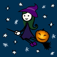 simple_witch_pumpkin_glow_broom_green hair_night_stars__by jziprian
