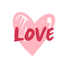 Heart doodle icon with love text calligraphy