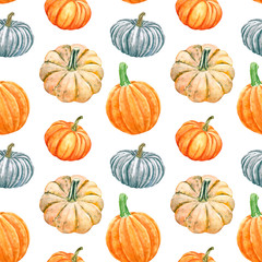 Pumpkins seamless pattern. Watercolor hand painted autumn vegetables on white background. Winter squashes and gourd botanical print for design, textile, halloween cards, wrapping paper.