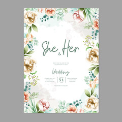 wedding invitation card with lovely watercolor flowers template