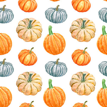 Pumpkins seamless pattern. Watercolor hand painted autumn vegetables on white background. Winter squashes and gourd botanical print for design, textile, halloween cards, wrapping paper.