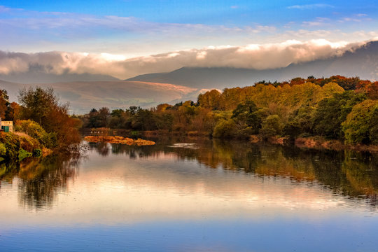 Spectacular view landscape mountain hill foggy day sunrise Killorglin Kerry Ireland red green forest