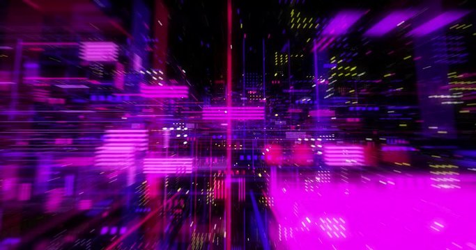 Virtual data on digital screen display, future technology and programming concept. Flying futuristic central processing unit. electronic circuitry within a computer. Seamless loop, 3D render
