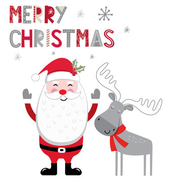 Christmas card with cute moose and cute Santa Claus