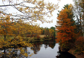 Fototapeta na wymiar Ashuelot River on Winchester, New Hampshire in fall with great foliage