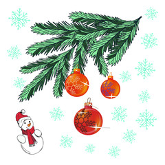 Fototapeta na wymiar festive set of vector isolated elements for Christmas and New year decoration, doodles. Snowmen, snowflakes, Christmas balls, apples, chocolates, candles, champagne glasses, cakes, dessert, chocolate