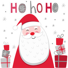 Cute Santa Claus with some Christmas gift and ho h o ho letter on white background