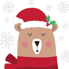 Cute Christmas Bear with santa hat on white background, vector illustration
