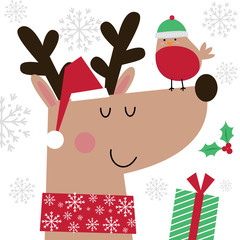 Cute Reindeer and little robin, Cute Christmas Character collection, vector illustration