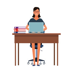 cartoon business woman at a desk, flat design